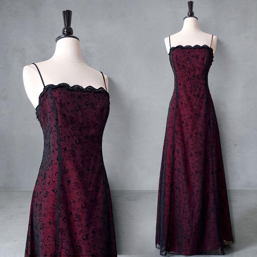 Vintage Y2K Betsy & Adam Red Black Flocked Floral Formal Gown 14 Prom Dress 90s